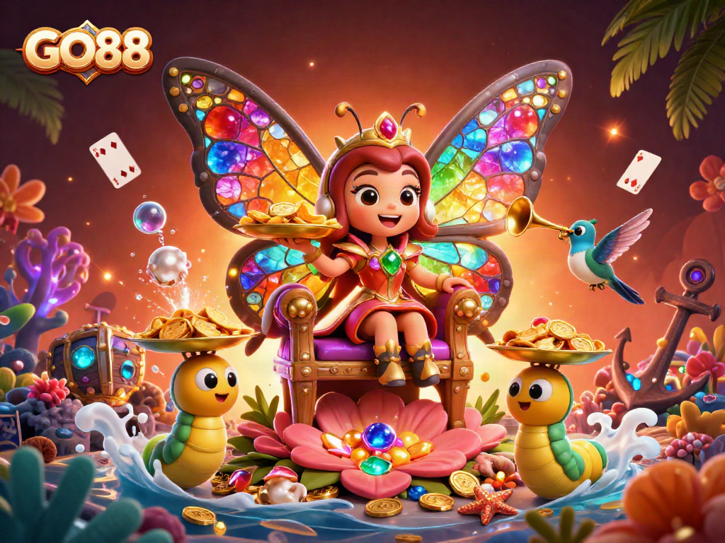 Experience GO88 with a vibrant 3D illustration of a butterfly queen amidst gaming treasures and champions.