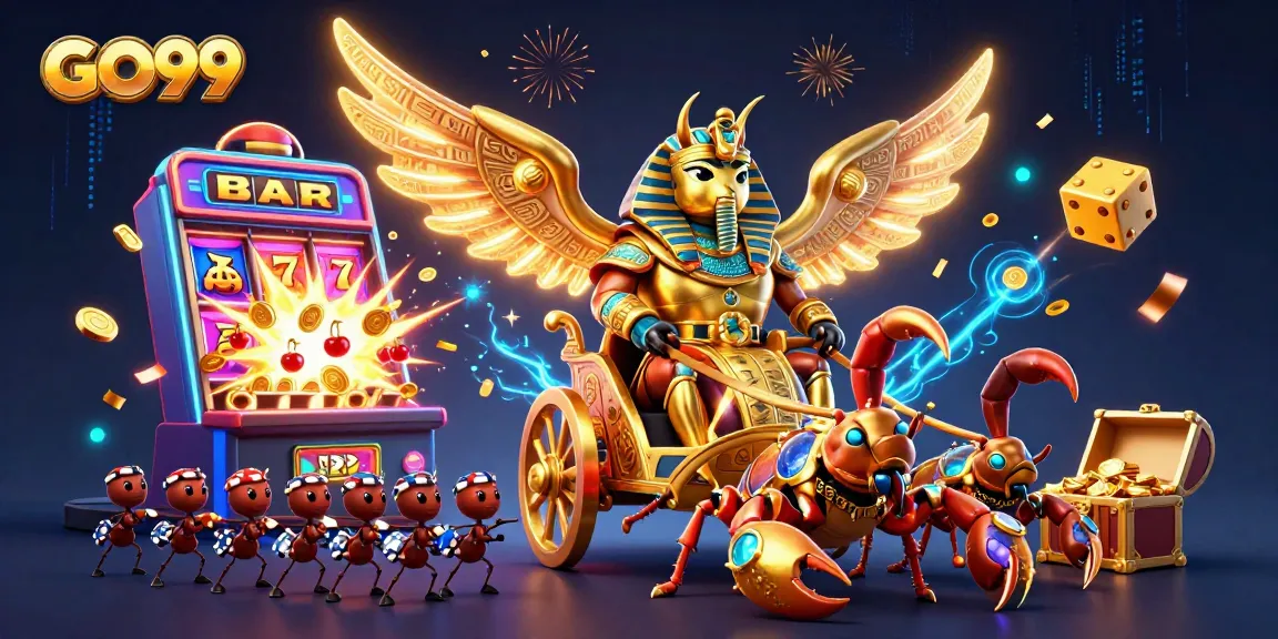 Win big at GO99 with this vibrant, detailed illustration of a cartoon casino scene packed with excitement.
