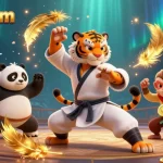 Engage in thrilling gameplay at 98wincom with a kung fu master and playful monkey amidst casino elements.