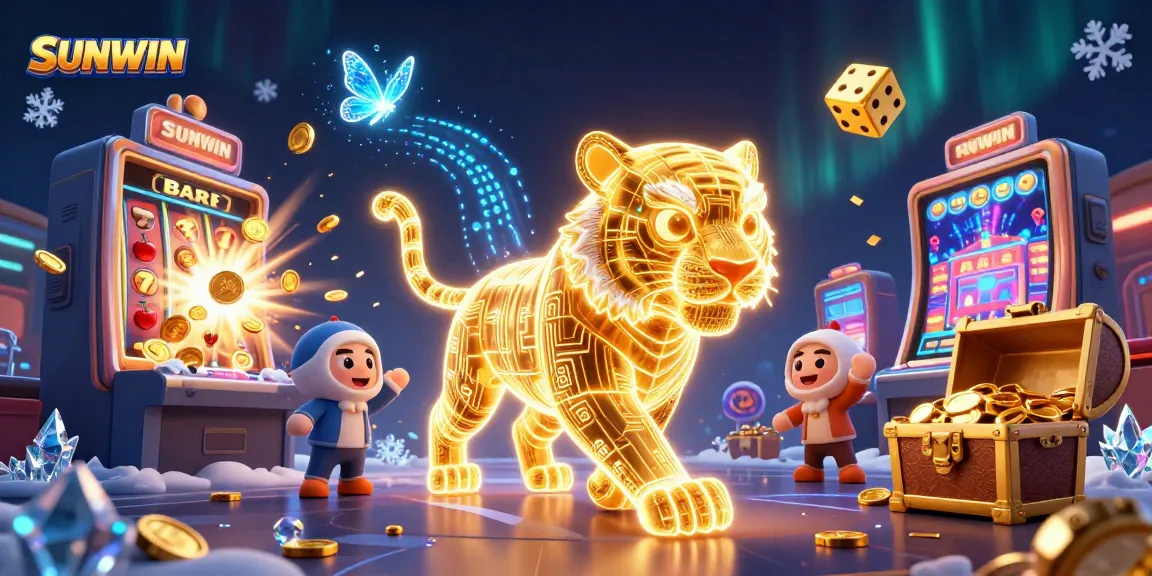 SUNWIN offers an exciting gaming experience with a neon-wireframe tiger amidst jackpot games and colorful slots.