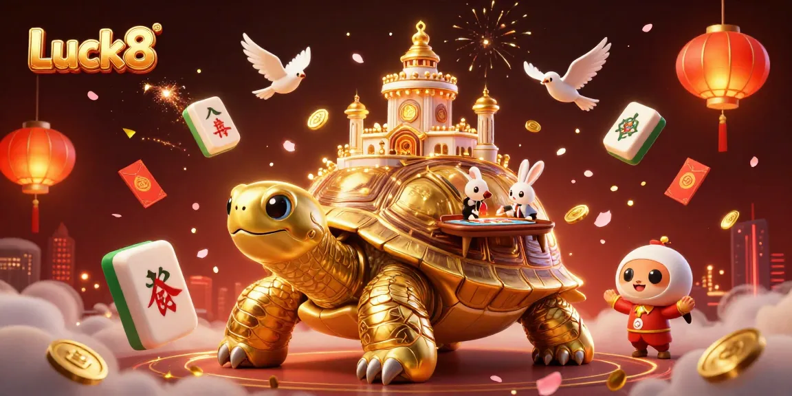 Experience exciting gaming at Luck8 featuring a golden tortoise casino, rabbit dealer, and golden coins flying.
