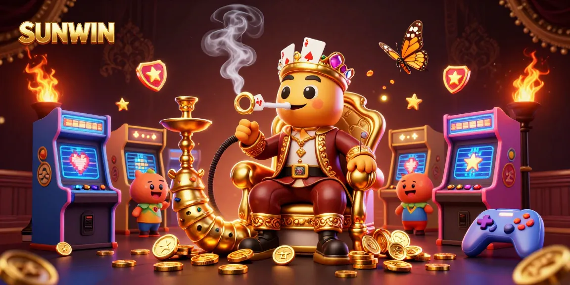 SUNWIN offers thrilling gaming experiences with poker-themed smoke rings and golden coins in a vibrant casino scene.
