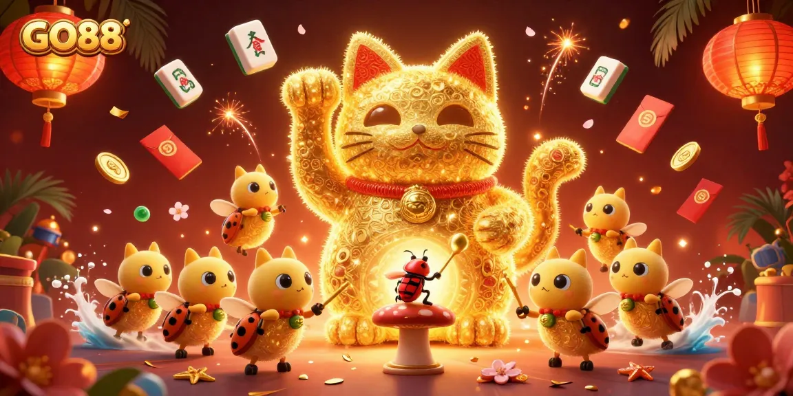 Experience thrilling gameplay at GO88 with captivating visuals of golden lucky cat symbols.