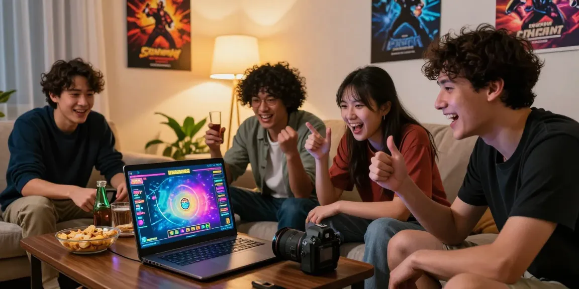 Friends enjoying a gaming session with Sunwin, lively atmosphere in a cozy living room.