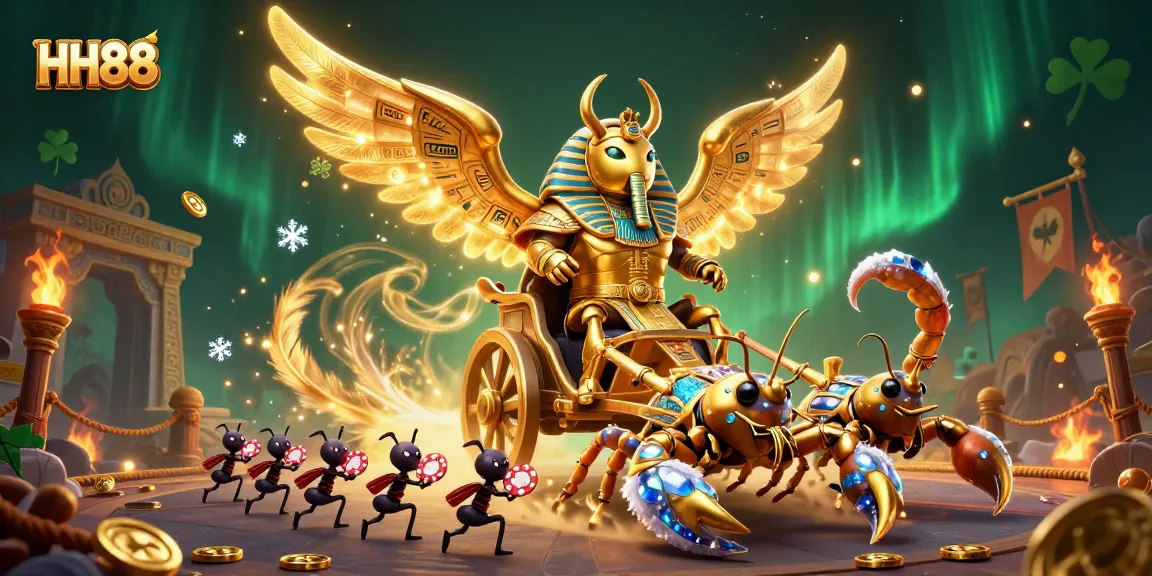Experience HH88's thrilling gaming with a colossal scarab beetle and dynamic casino elements!