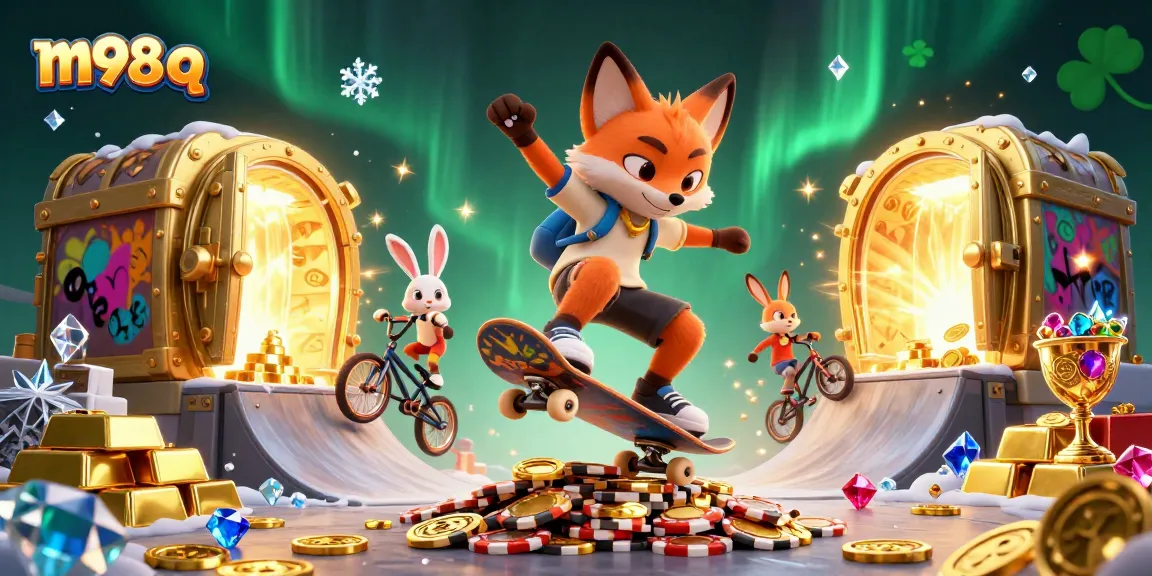 Experience the fun of m98 q with a vibrant, dynamic casino-themed illustration featuring fox and rabbit characters