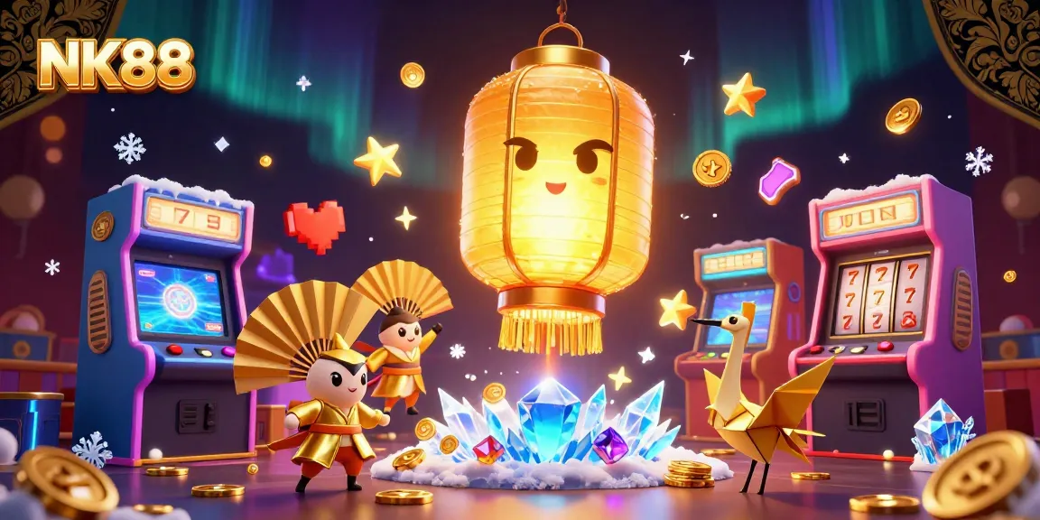 Engage with thrilling gameplay at NK88, illustrated by a vibrant casino scene packed with golden lanterns and game elements.