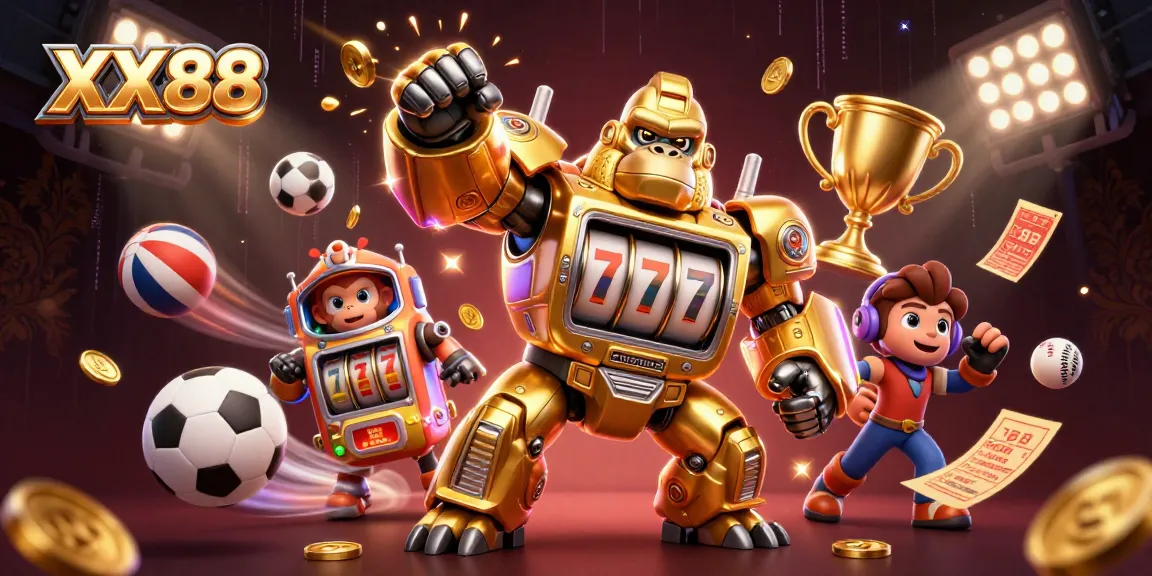 Engage with XX88's exciting gaming world featuring a golden gorilla mech and dynamic sports elements.