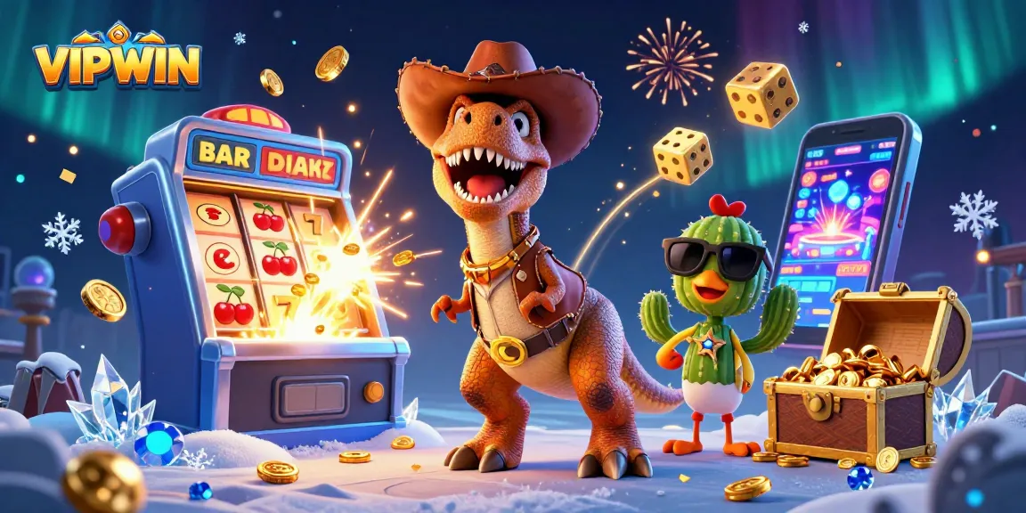 Win big at VIPWIN with lively casino games, capturing excitement in a dynamic 3D illustration.