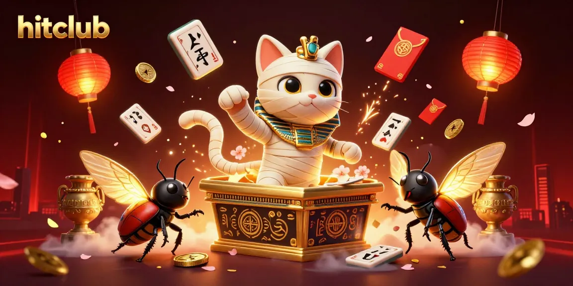 hitclub interactive gaming scene with a dynamic Egyptian mummy cat and characters celebrating fortune in a lively casino atmosphere