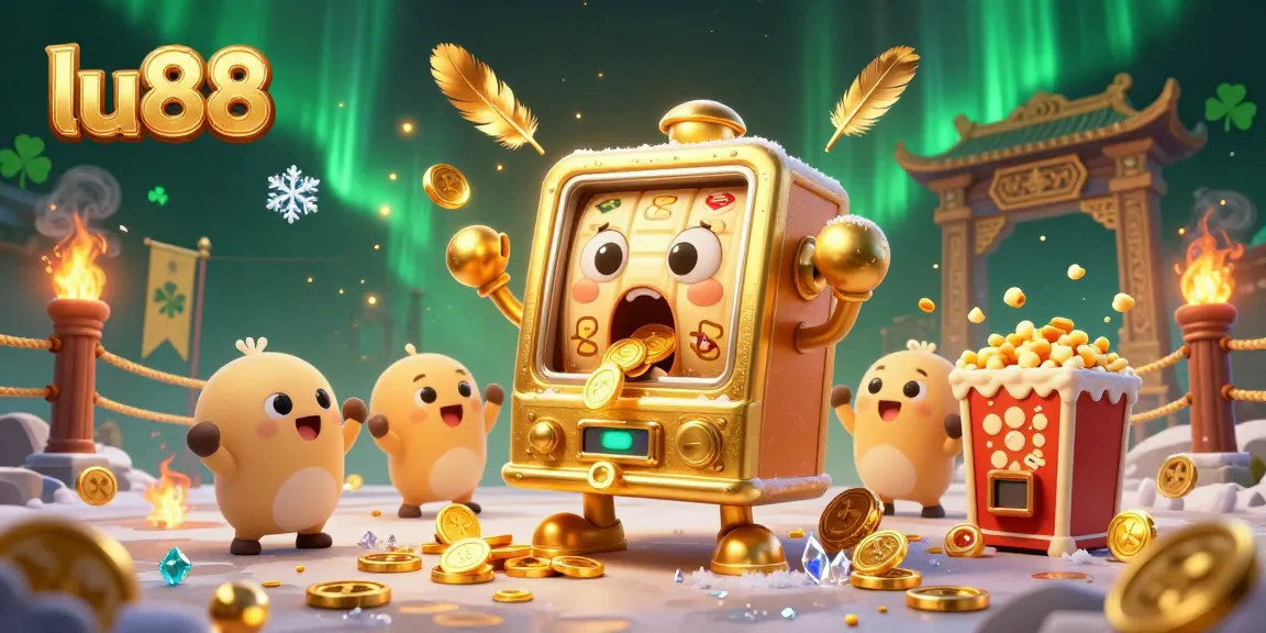 Engage with the thrilling lu88 casino experience through a lively scene of a joyful golden slot machine hitting a jackpot.