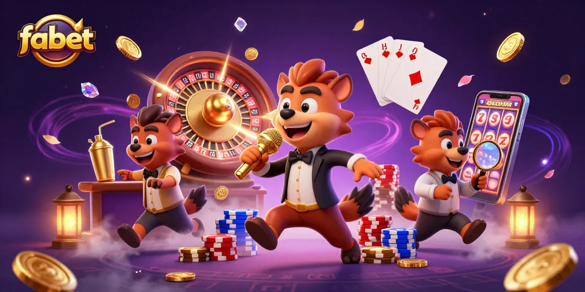 Experience thrilling fun at fabet with hyena characters in a vibrant casino scene mixing drinks and telling jokes.