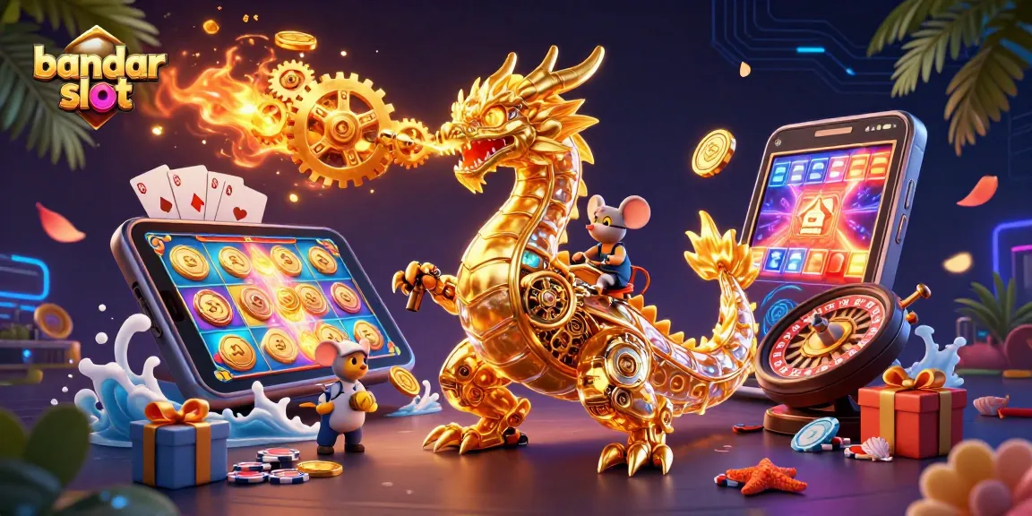 Engage with the bandar slot excitement featuring a golden dragon amidst vivid gaming elements.