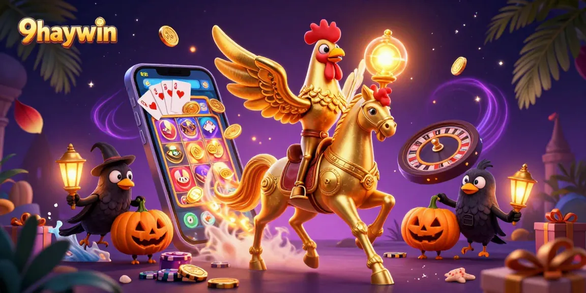 Experience thrilling gameplay at 9haywin with a vibrant golden rooster and mystical elements in this casino scene.