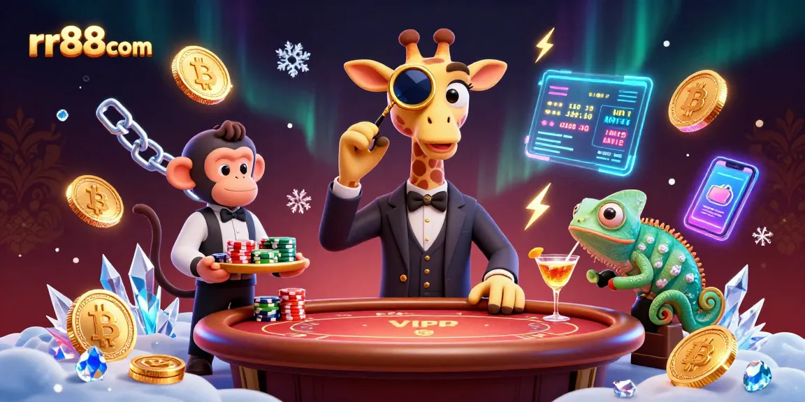 Experience dynamic gaming with rr88com, featuring a giraffe VIP and vibrant cryptocurrency elements.