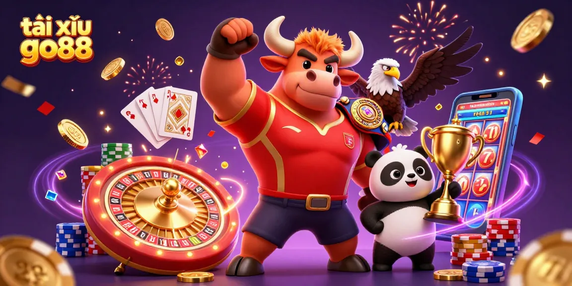 Engage in tài xỉu go88 with a vibrant 3D illustration featuring a bull, eagle, and panda in a casino backdrop.