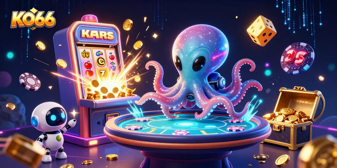 Experience KO66's thrilling gaming world with our vibrant 3D illustration featuring cosmic casino elements.