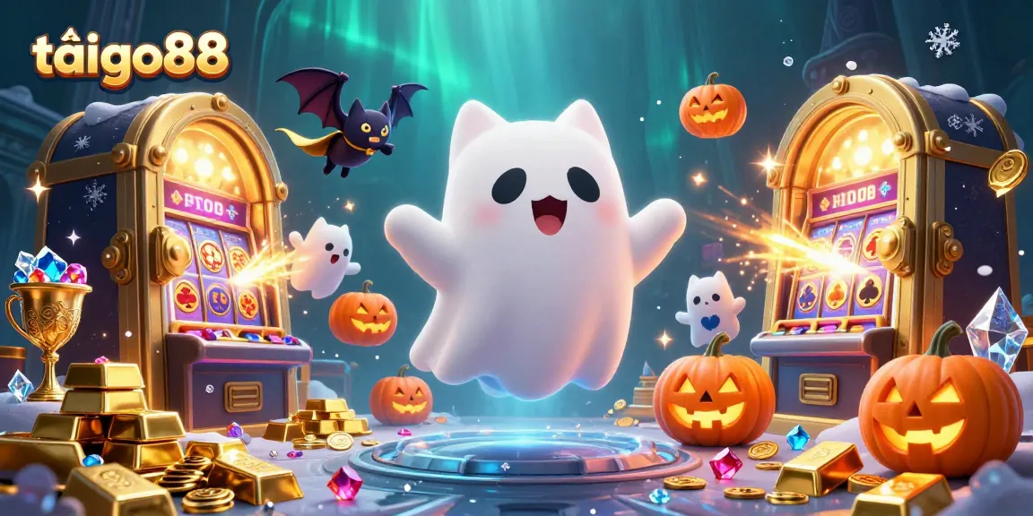 Engage in the thrill of tải go88 with this vibrant 3D illustration featuring a friendly ghost cat in a haunted casino.