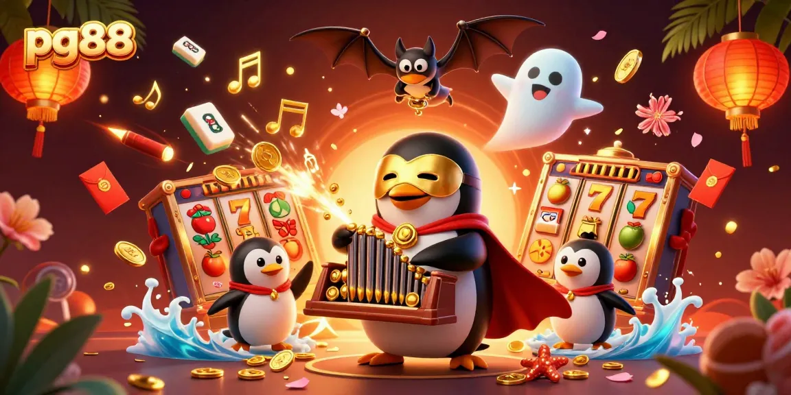 Experience the excitement at pg88 with a vibrant casino scene featuring a penguin playing a golden pipe organ.