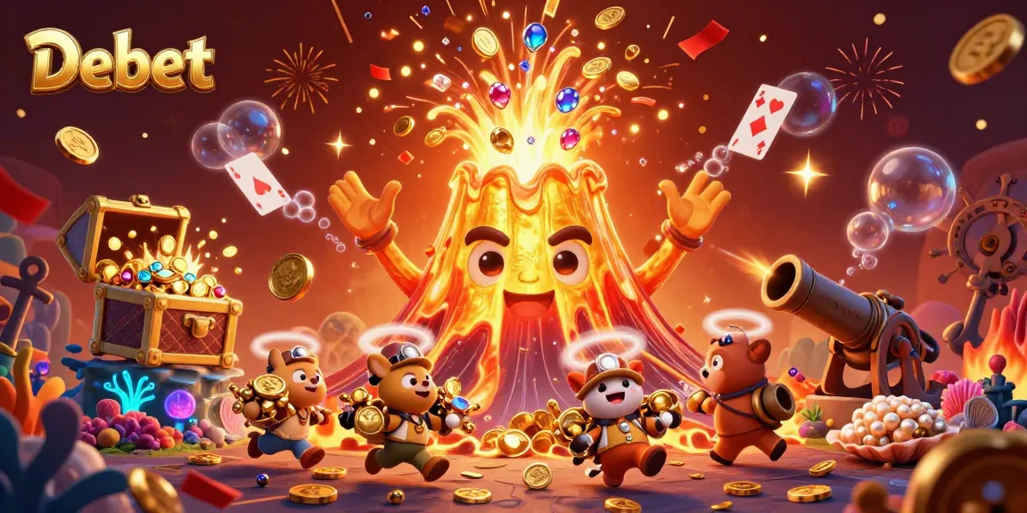 Debet ignites excitement with a golden volcano erupting treasure in this vivid casino scene.