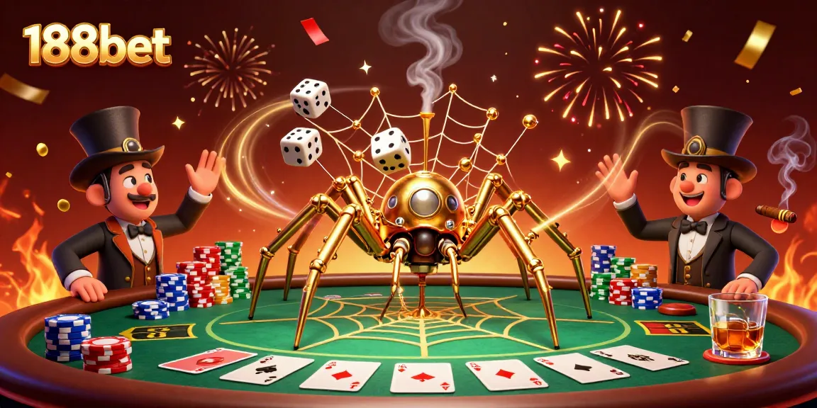 Engage with 188bet's vibrant casino world featuring a golden spider, poker elements, and dynamic game atmosphere