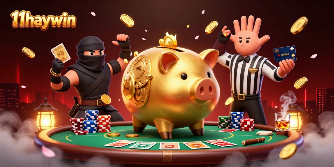 Engage with thrilling action at 11haywin's vibrant online casino, showcasing a dynamic 3D scene of a golden piggy bank sumo wrestler.