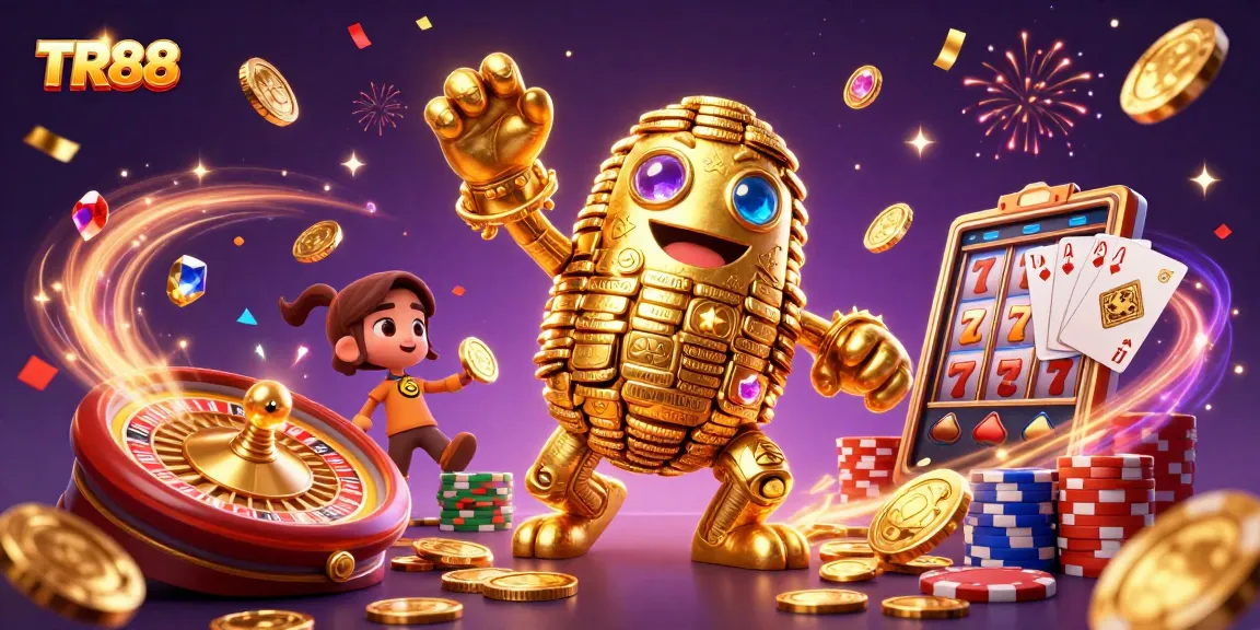 Experience the dynamic energy of TR88 with golden golems and casino action in this captivating illustration.