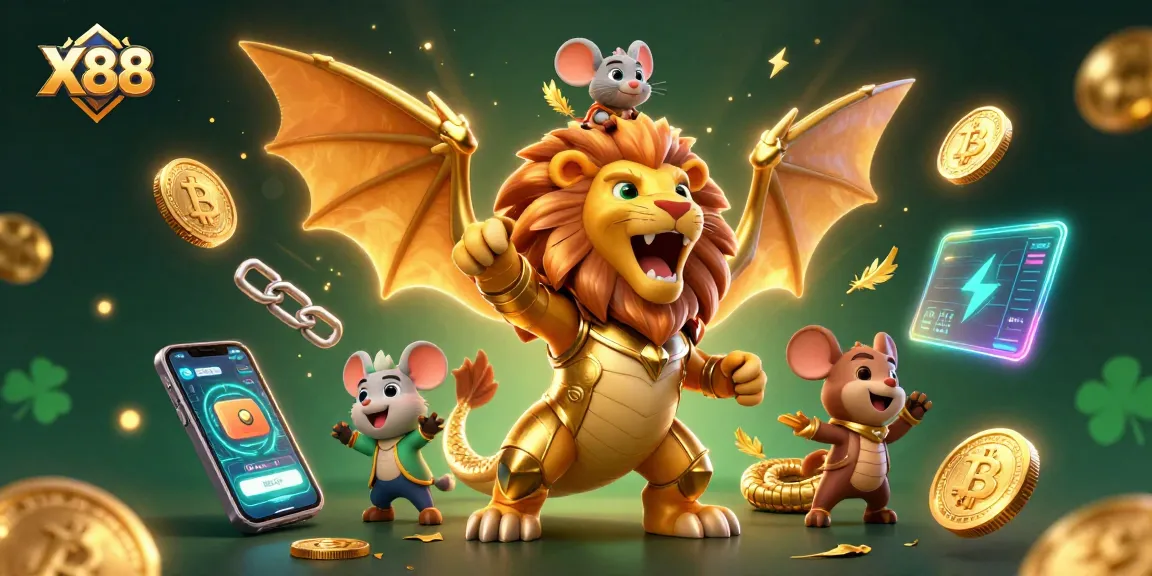 Experience exhilarating gameplay at X88 with a vibrant chimera and cryptocurrency elements in a casino setting.