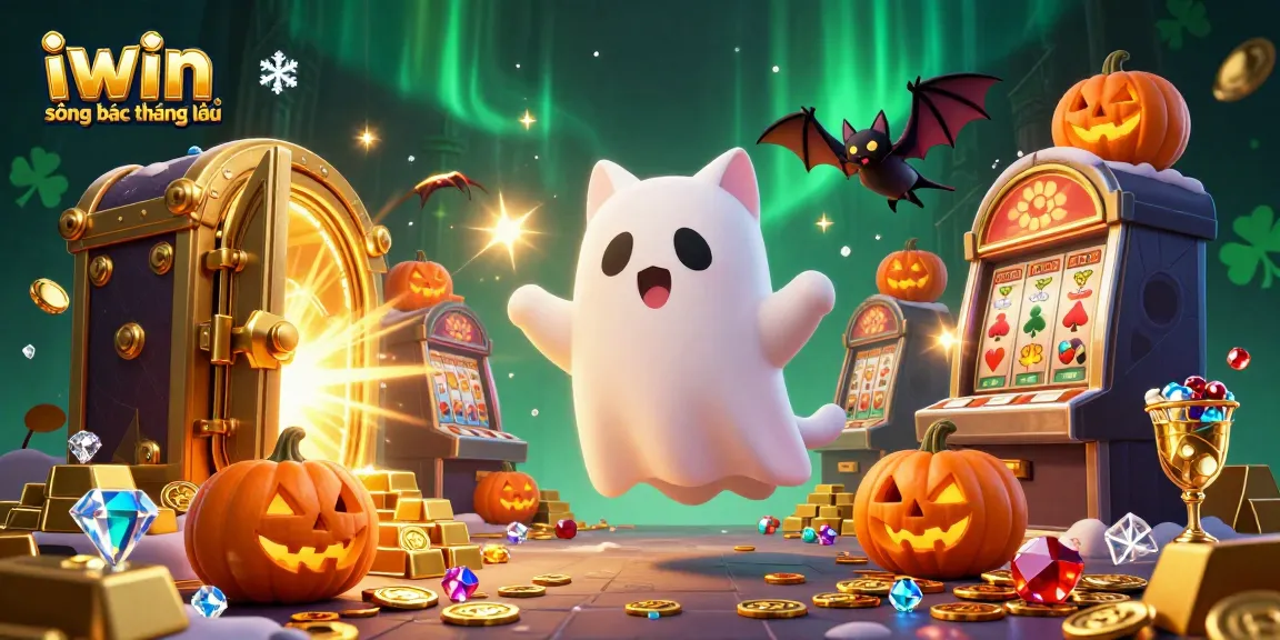 Experience iwin sòng bạc thượng lưu with a lively ghost cat and vampire bat in a vibrant casino scene.