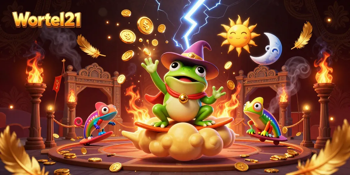Wortel21 dazzles with a cartoon wizard frog conjuring gold coins in a vibrant casino scene.