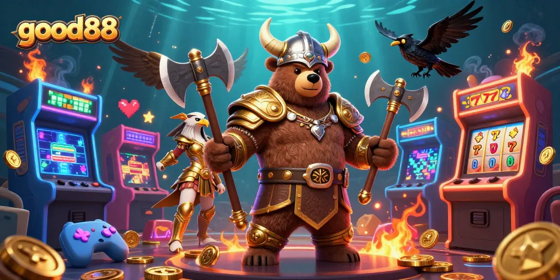 Experience the exciting games at good88, featuring a vibrant 3D cartoon Viking alongside thrilling casino elements.