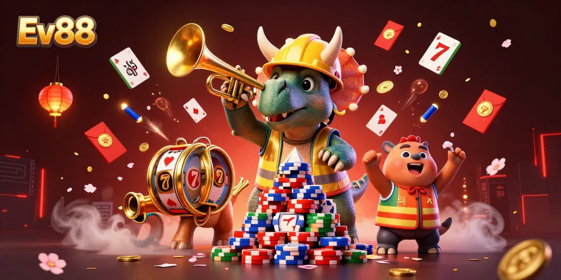 Ev88 brings excitement with a vibrant scene of a triceratops celebrating at a casino!