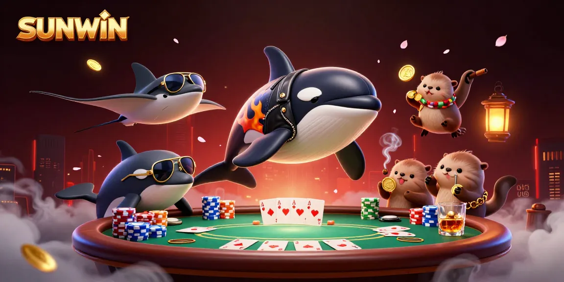 SUNWIN features a dynamic scene with an orca whale, stingray, and otters playing poker, showcasing vibrant casino elements.
