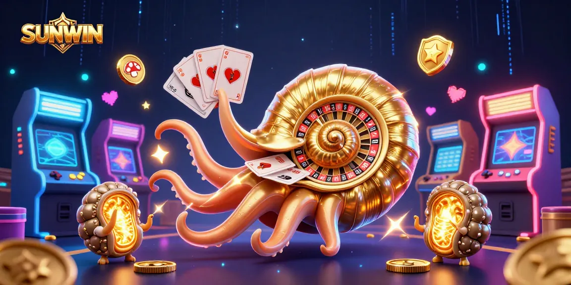 SUNWIN's vibrant casino scene features a giant nautilus roulette wheel amidst colorful gaming elements and golden-glow ammonites.