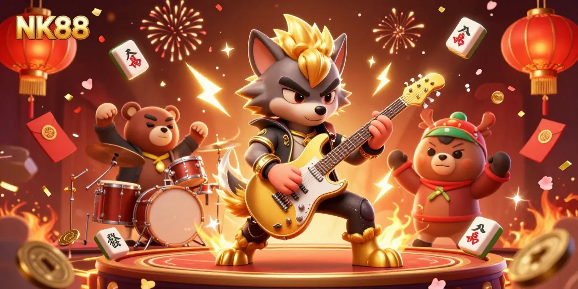NK88 captures thrilling casino excitement with a lively rock star wolf and drummer bear in a vibrant stage illustration.