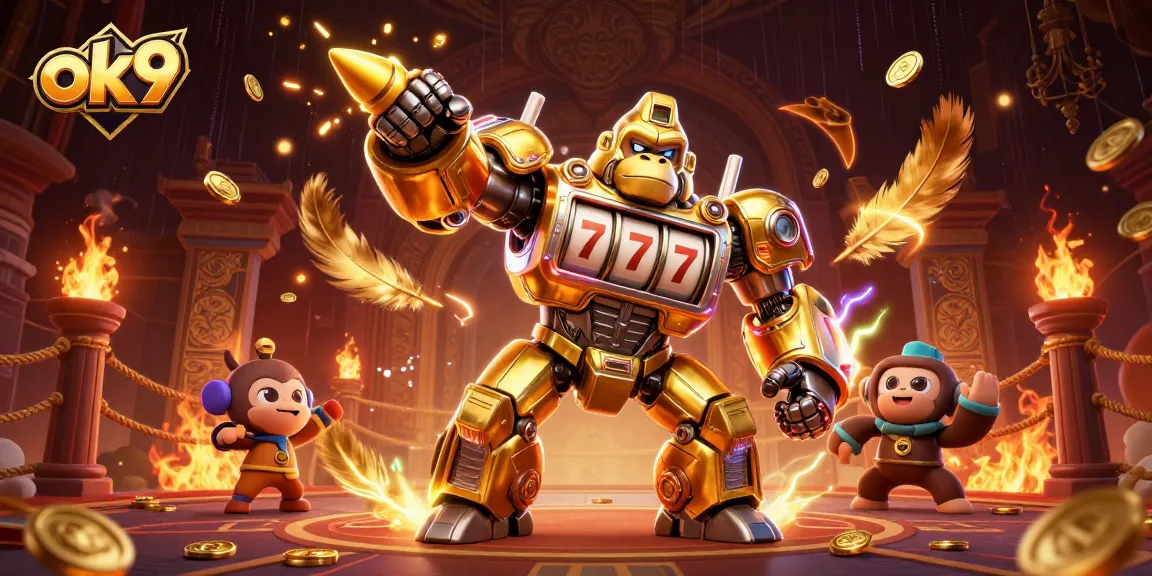 Experience the thrill of ok9 with a dynamic 3D gorilla mech smashing through coins in a vibrant casino.