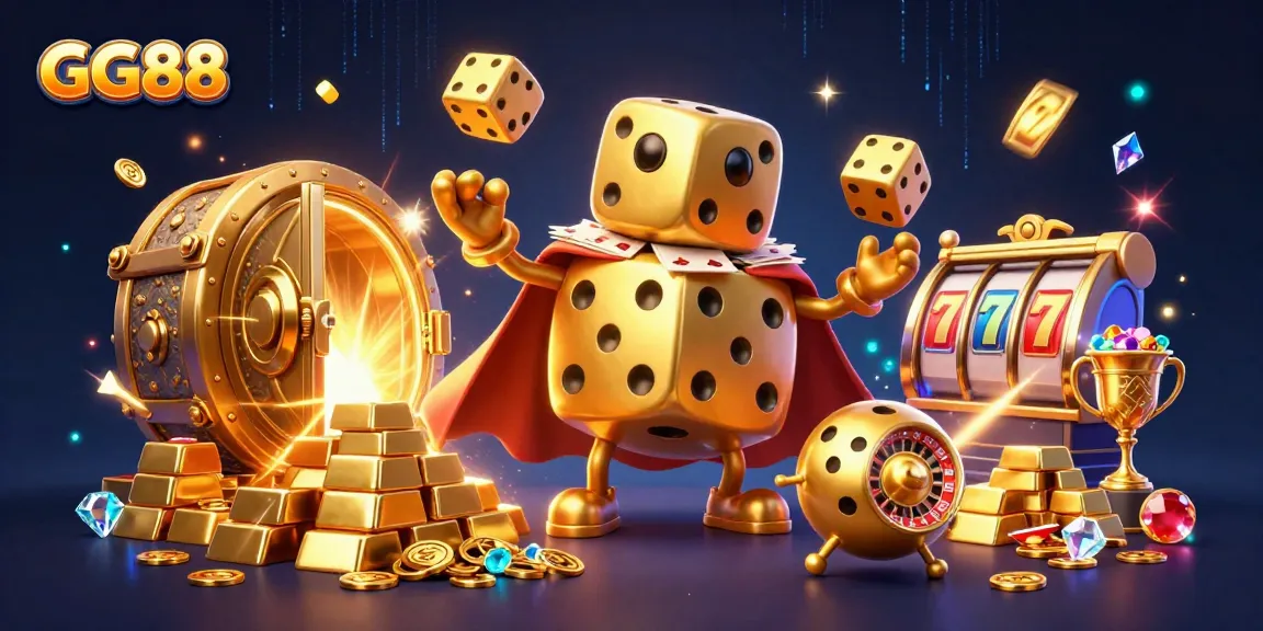 GG88's golden dice golem and roulette-ball companion surrounded by vibrant casino treasures.