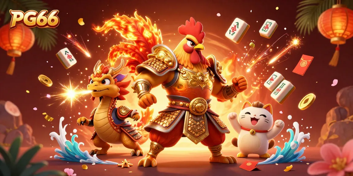Experience the excitement of PG66 with a fantasy scene featuring a rooster warrior, dragon hatchling, and fortune cat.
