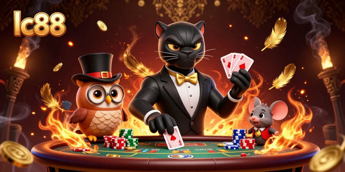 Play poker at lc88 with a stylish panther dealer, an owl with chips, and a lucky mouse.