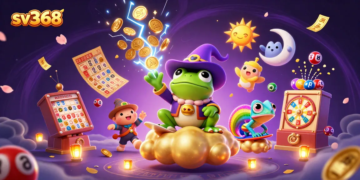 sv368 engages players with vibrant golden coin storms and dynamic lottery elements in a colorful casino scene.