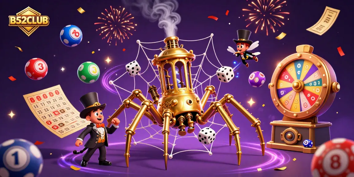B52CLUB catches lucky dice in a vibrant steampunk web of golden chains displaying gaming action.