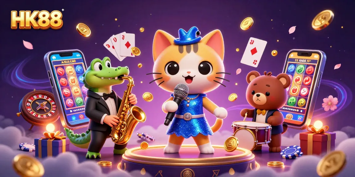 Experience the fun at HK88 with a lively cat singer, crocodile playing saxophone, and bear cub drummer in a vibrant casino scene.