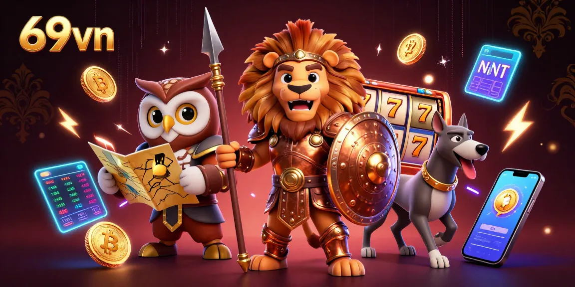 Engage with thrilling games at 69vn, showcasing a lion, owl, and greyhound in a vibrant casino scene.