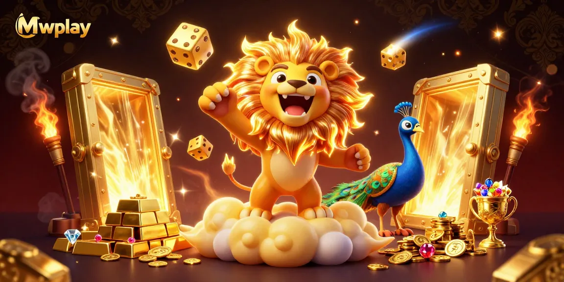 Mwplay offers a vibrant casino experience with lively characters and dazzling treasures in this 3D illustration.