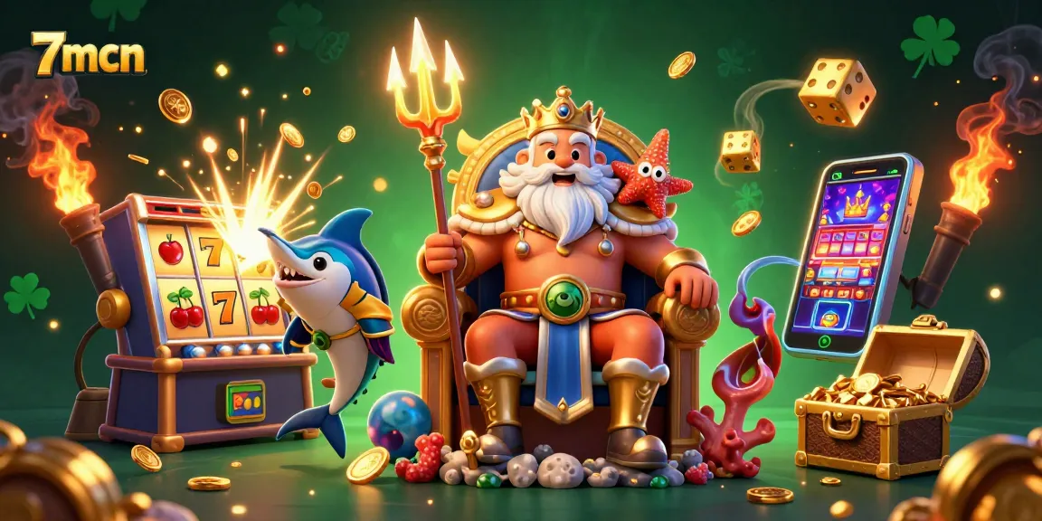 Engage with 7mcn in a vibrant casino world featuring Neptune, a slot machine, and treasure.