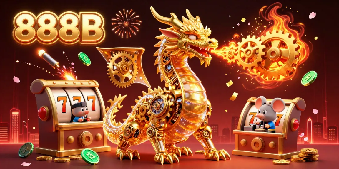 Engage with the exciting world of 888B where a golden dragon breathes gears amidst casino games and vibrant decor.