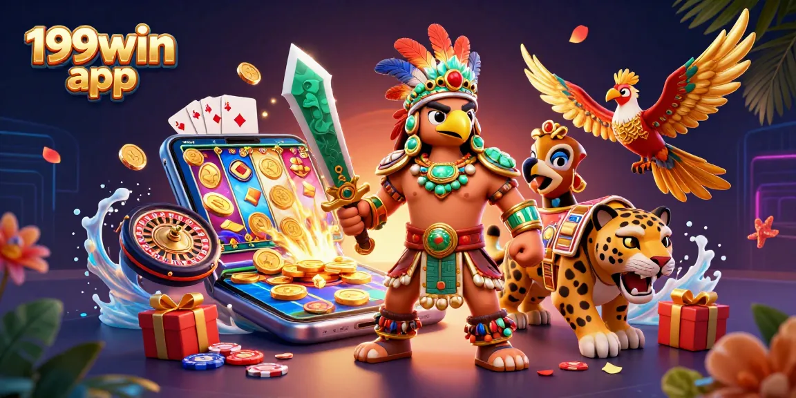 A dynamic scene of the 199win app showcasing vibrant slot game action with immersive characters and casino elements.