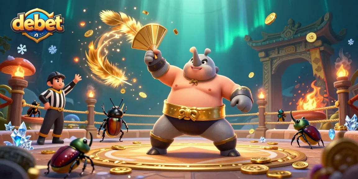 Experience the thrilling atmosphere of debet as a rhinoceros beetle champion sends coins flying in a dynamic casino battle.