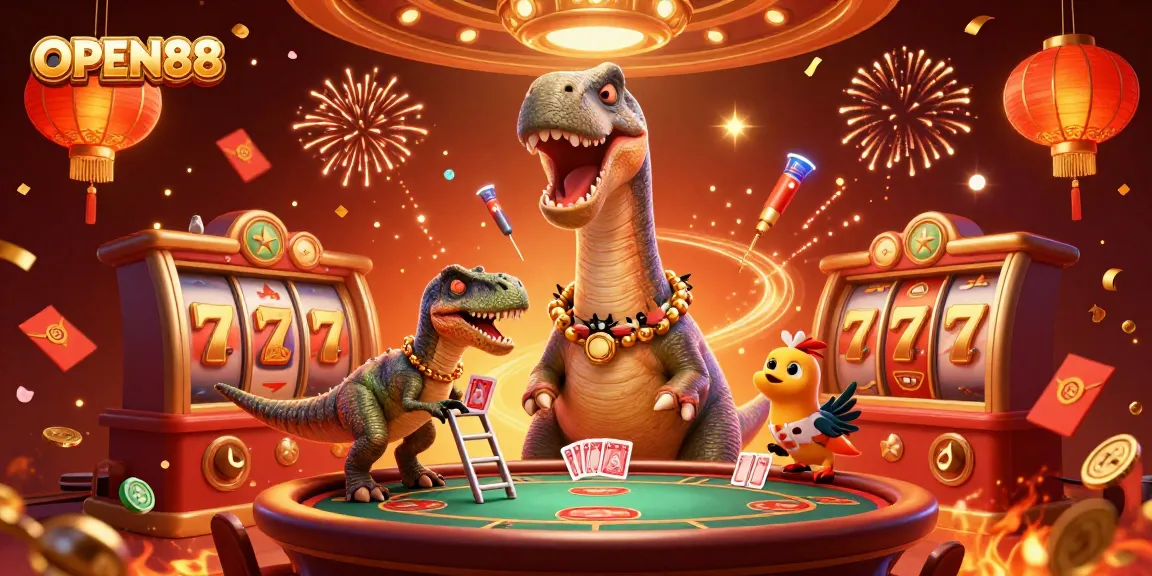 Experience the thrilling atmosphere of OPEN88 with a vibrant casino scene featuring cartoon dinosaurs and slot machines, enhancing your gaming journey!
