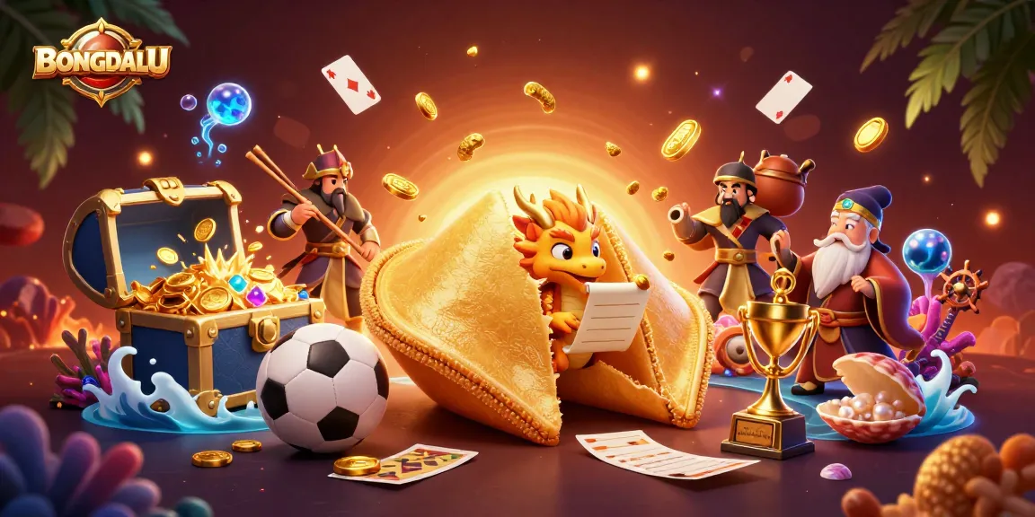 BONGDALU sports betting action featuring a golden fortune cookie scene surrounded by sports elements, dynamic and engaging illustration.